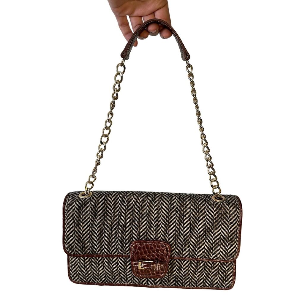 Liz Claiborne Herringbone Tweed & Mahogany Faux Gator Purse Bag